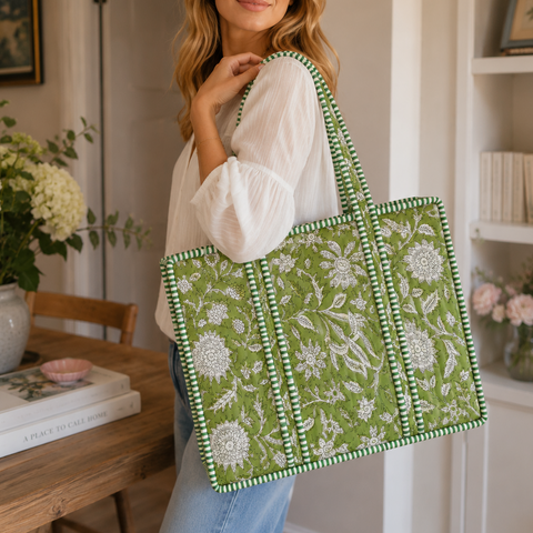 Green Floral Quilted Bag Print