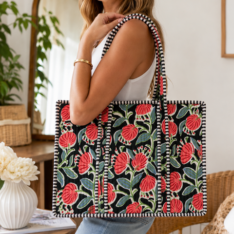 Black Floral Quilted Bag Print
