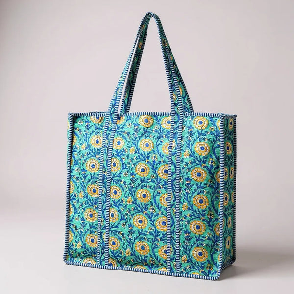 Quilted XL Flowers Print Tote Bags