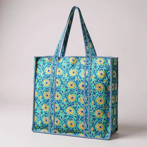 Quilted XL Flowers Print Tote Bags