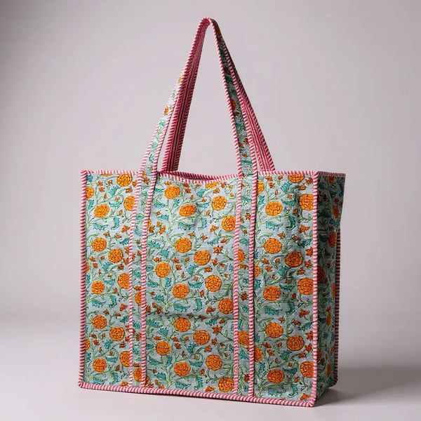 Quilted XL Orange Floral Print Tote Bags