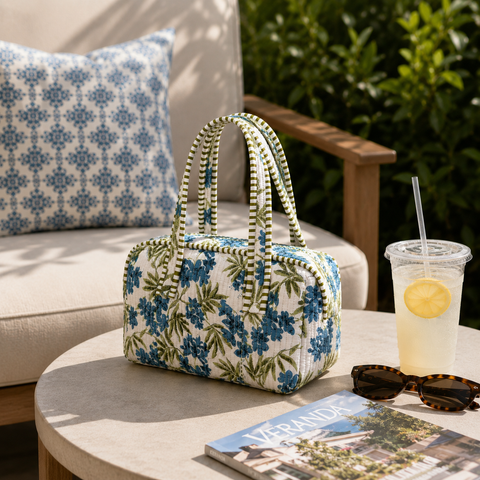Blue and Green Floral Quilted Bag Print
