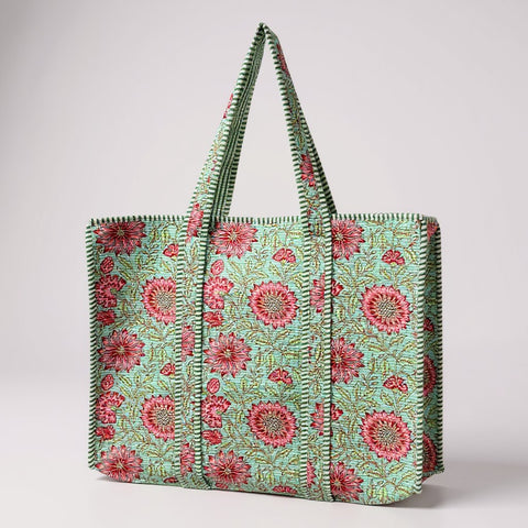 Mint Flower Print Large tote Bag
