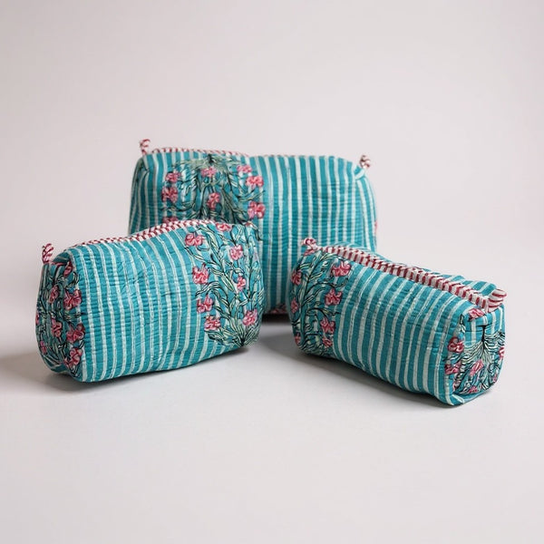Blue Floral Stripe 3Pcs Toiletry Bag