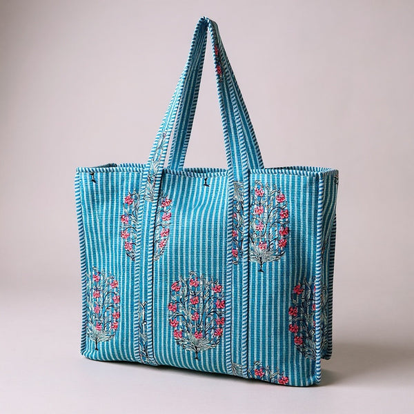 Blue Flower Print Large tote Bag