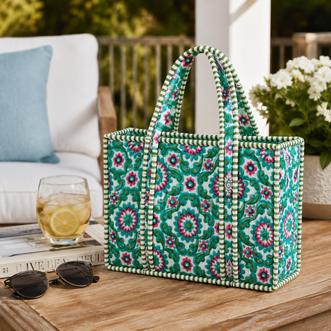 Aqua Floral Quilted Bag Print