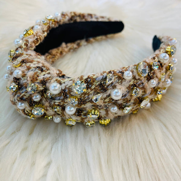 Tweed Pearl Headbands - Beige