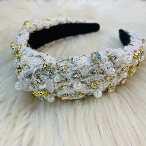 Tweed Pearl Headbands - White