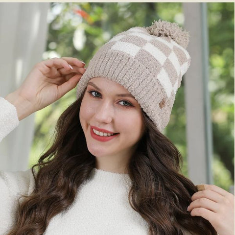 Checkered Print Pom Pom Hat