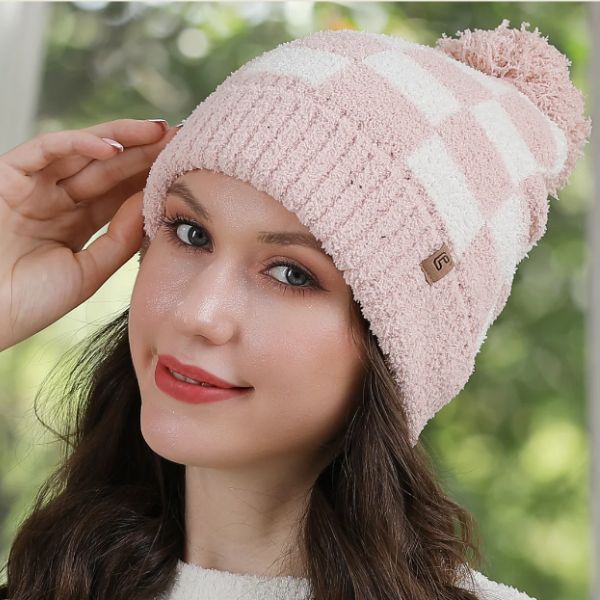 Checkered Print Pom Pom Hat