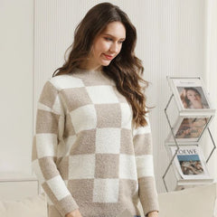 Checkered Pattern Soft Crew Neck Sweater