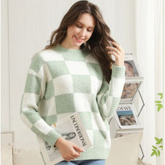 Checkered Pattern Soft Crew Neck Sweater