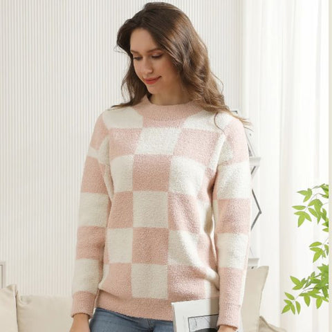 Checkered Pattern Soft Crew Neck Sweater