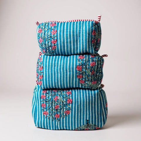 Blue Floral Stripe 3Pcs Toiletry Bag