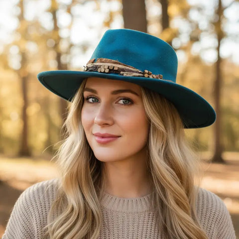 Distressed Feather Dark Teal Fedora Hat
