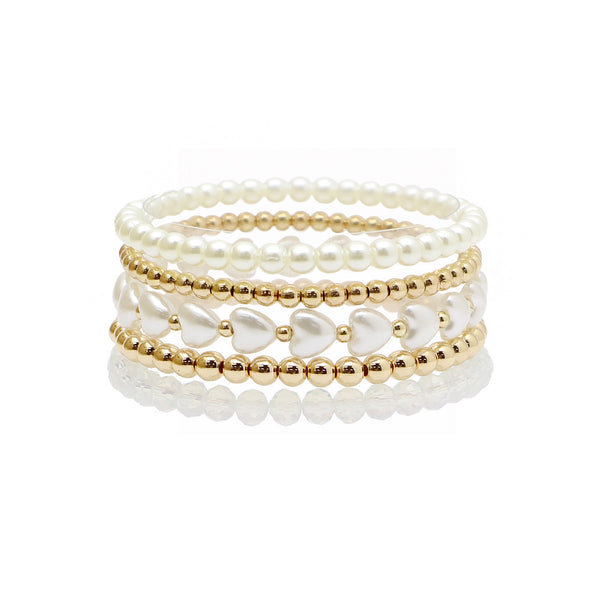 Gold Beaded &Heart Pearl Stretch Bracelet