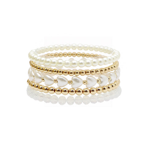 Gold Beaded &Heart Pearl Stretch Bracelet