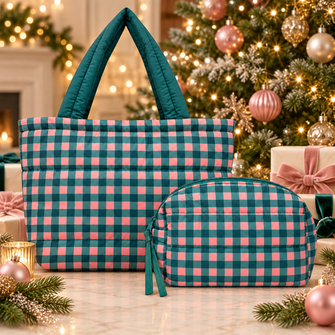 Green and Pink Gingham Puffer Tote
