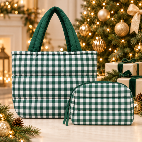 Green Gingham Puffer Tote