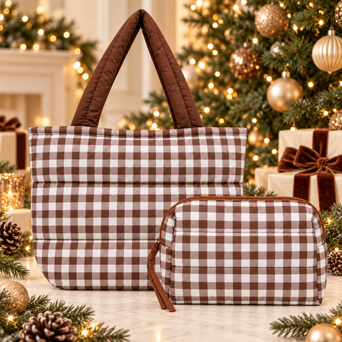 Brown Gingham Puffer Tote