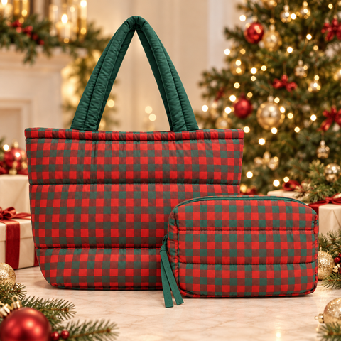 Red and Green Gingham Puffer Tote