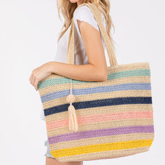 Multi Color Striped Straw Tote Bag
