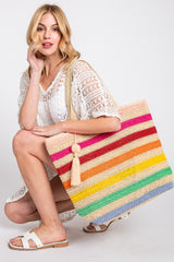 Multi Color Striped Straw Tote Bag