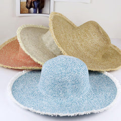 Wide Frayed Two Tone Straw Hats