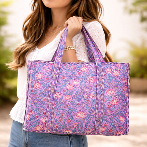 Purple Floral Large Quilted Tote Bag