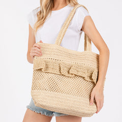 Woven Straw Tote Bag With Ruffle Detail