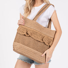 Woven Straw Tote Bag With Ruffle Detail