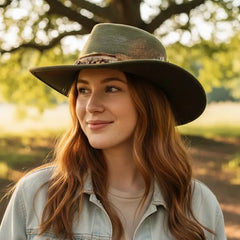 Distressed Feather Beaded Olive Fedora Hat