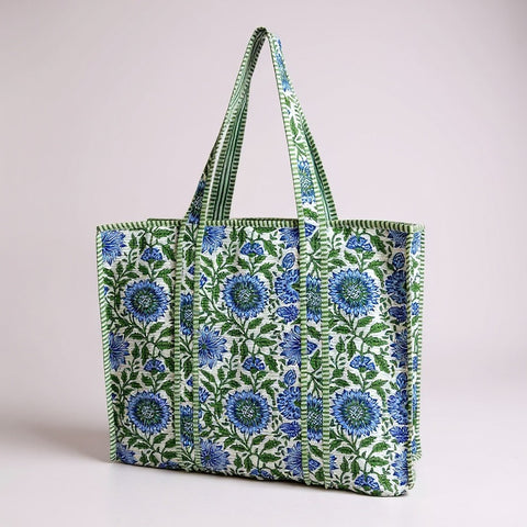 Blue Flower Print Large tote Bags