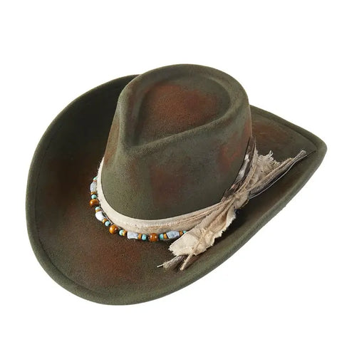 Distressed Beaded Olive Fedora Hat