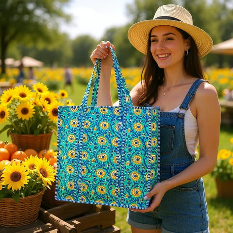 Quilted XL Flowers Print Tote Bags