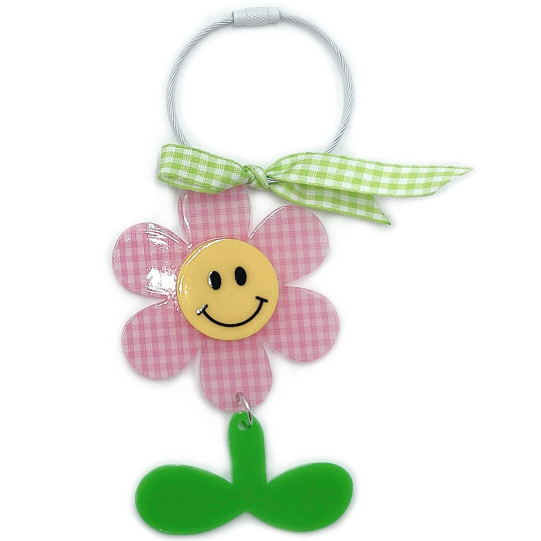 Plaid Happy Face Sun Flower Keychain