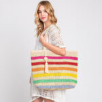 Rainbow Striped Straw Crochet Tote Bag