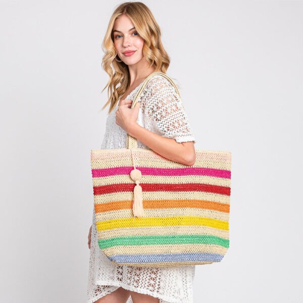 Rainbow Striped Straw Crochet Tote Bag
