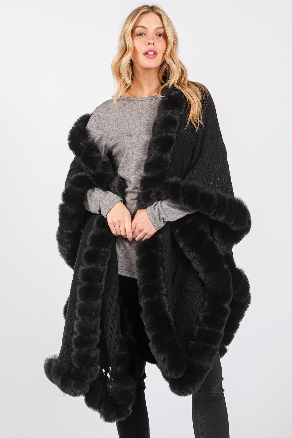 Faux Fur Trim Poncho