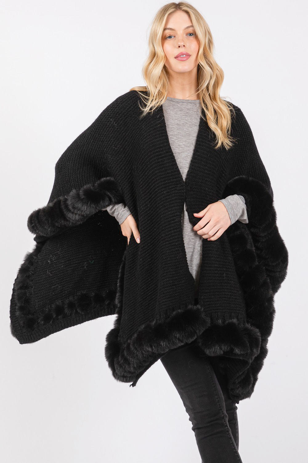 Faux Fur Trim Poncho