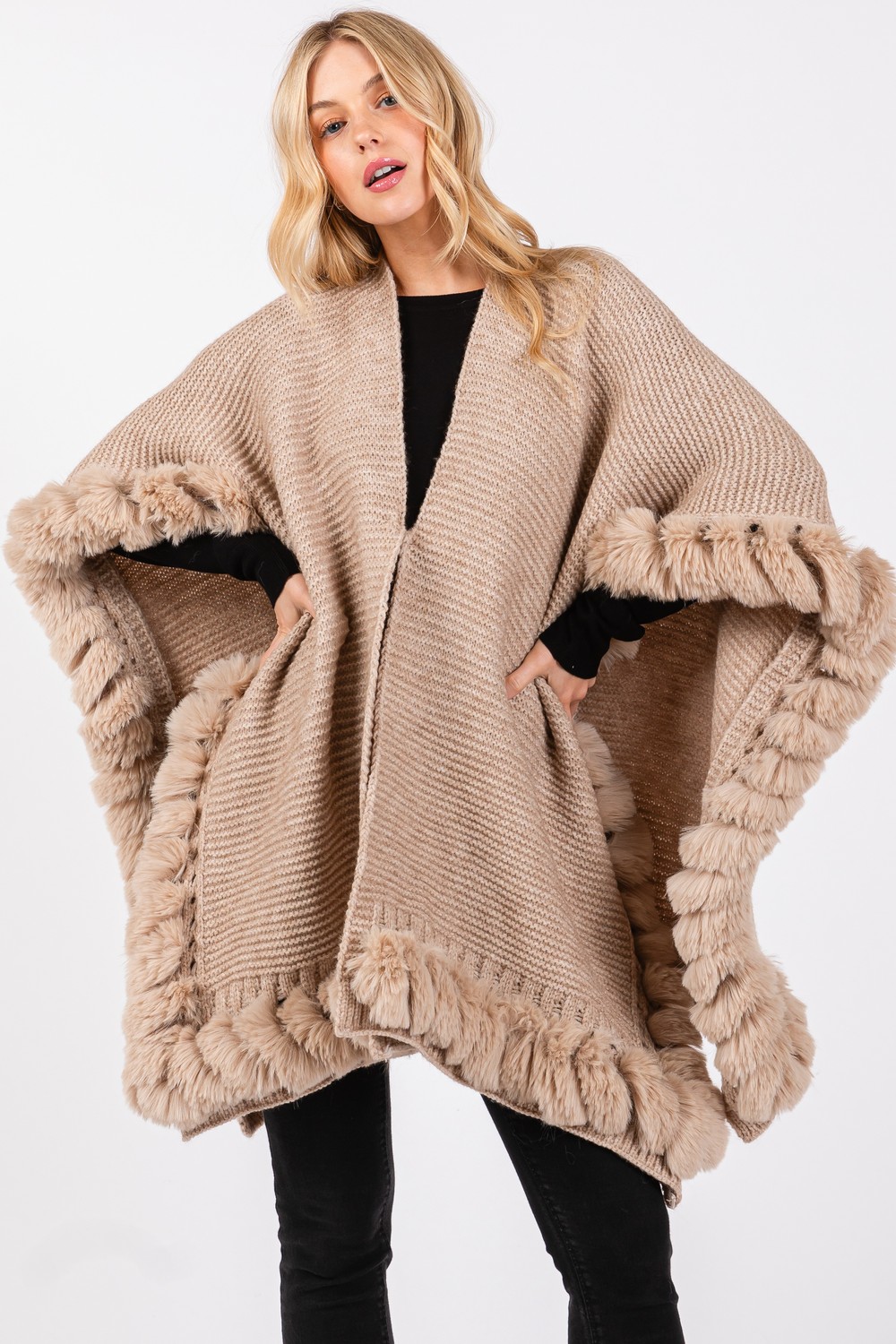 Faux Fur Trim Poncho